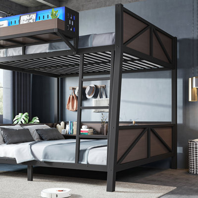 Lit superposé double avec tablettes de rangement, structure de lit superposé en métal avec lumière DEL et ports USB pour enfants, adolescents. Noir