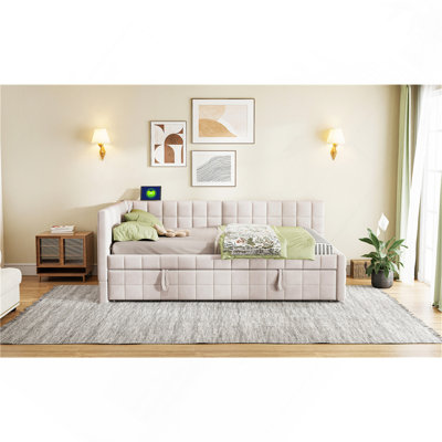 Full Size Upholstered L-Shaped Daybed With Twin Size Pop-Up Trundle And USB Ports