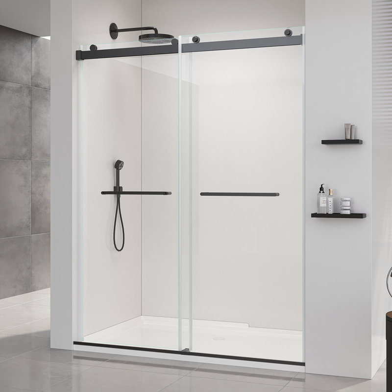 68-72*76 INCH Frameless Double Sliding Soft-Close Shower Doors, Bathroom Sliding Shower Door Glass Door,Shower Door ,(10mm) Thick SGCC Tempered Glass Door For Bathroom + Stainless Steel--Matte Black