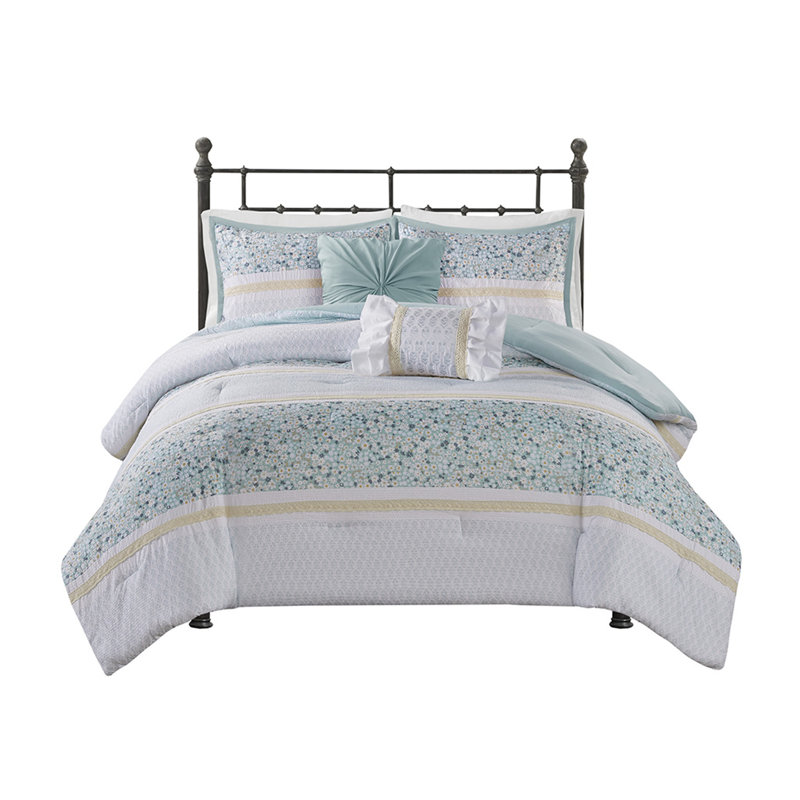 King/Cal King 5 Piece Seersucker Comforter Set With Throw Pillows, Aqua Floral, King Comforter  + 4 Additional Pieces