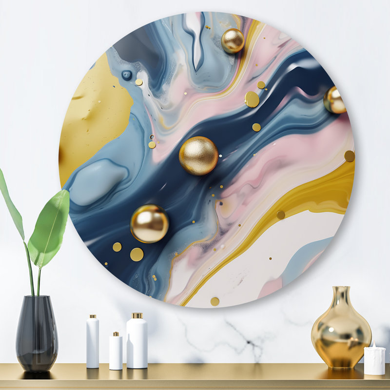 Jaune et bleu pierre fluide IV - marbre abstrait, art mural rond sur métal, H 23 po x l 23 po x P 1 po