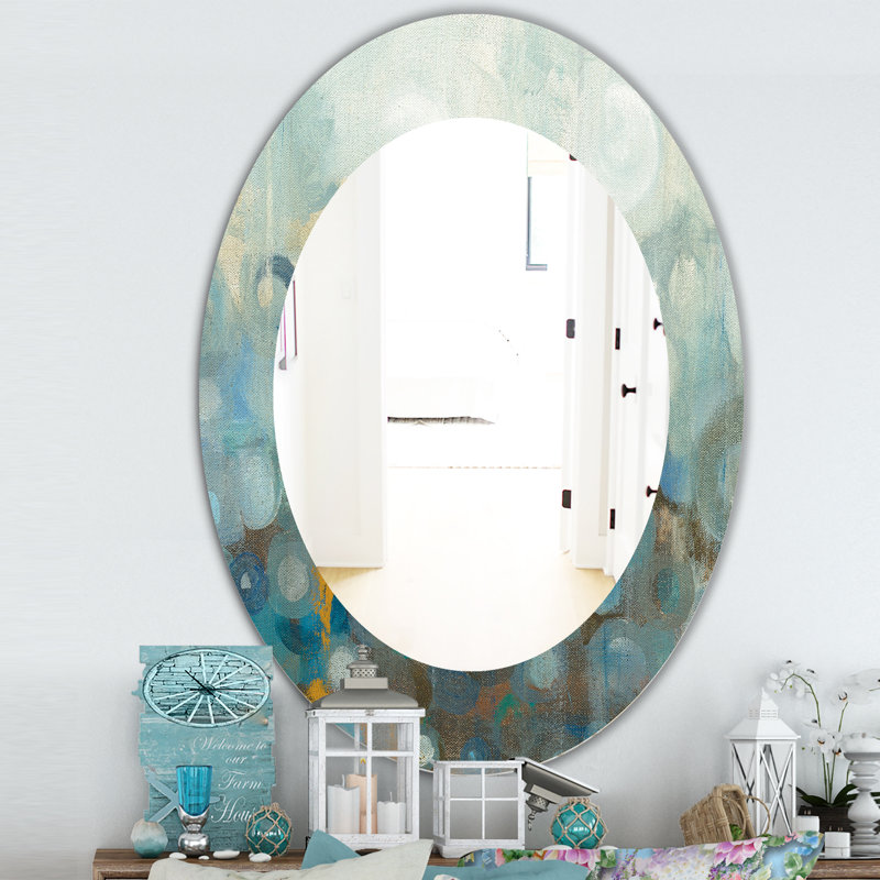 Blue Bronze Dots Wall Mirror, Printed Modern Oval/Round - Blue and Bronze Dots On Glass II, 31.5" H x 23.7" W