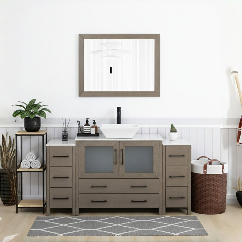 Meuble-lavabo simple 60 po avec plateau en marbre d'ingénierie avec miroir, Bois flottant gris, Noir mat