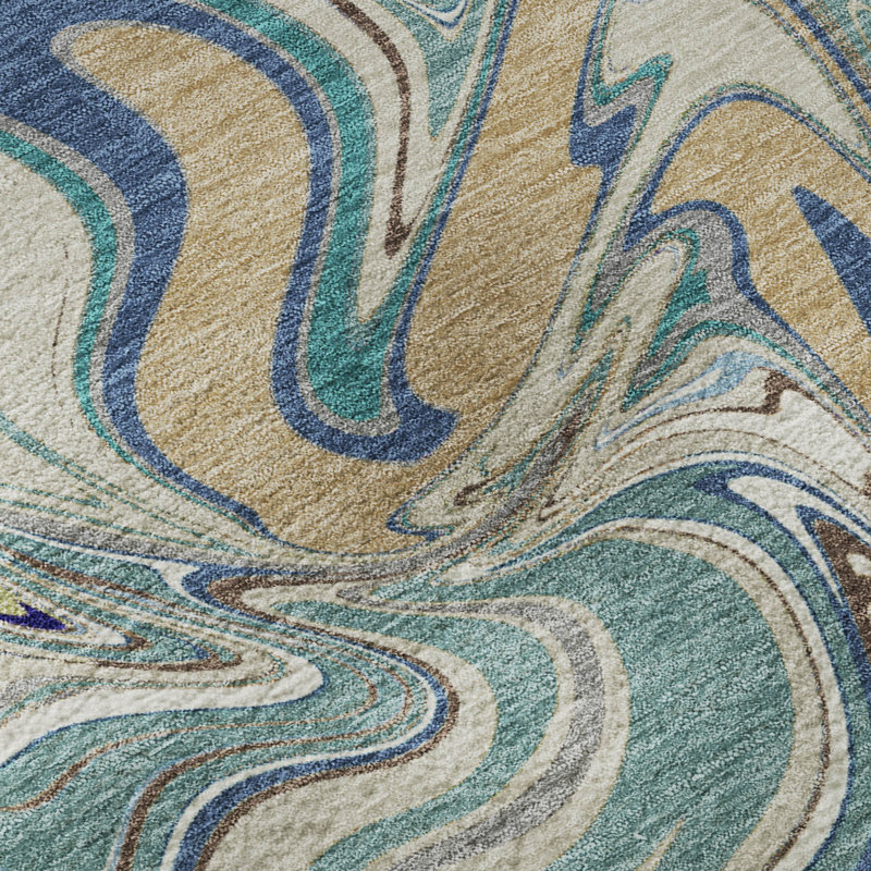 Premium Machine Washable Mayfield AMF2395 Abstract Rug, Teal, 8' Round