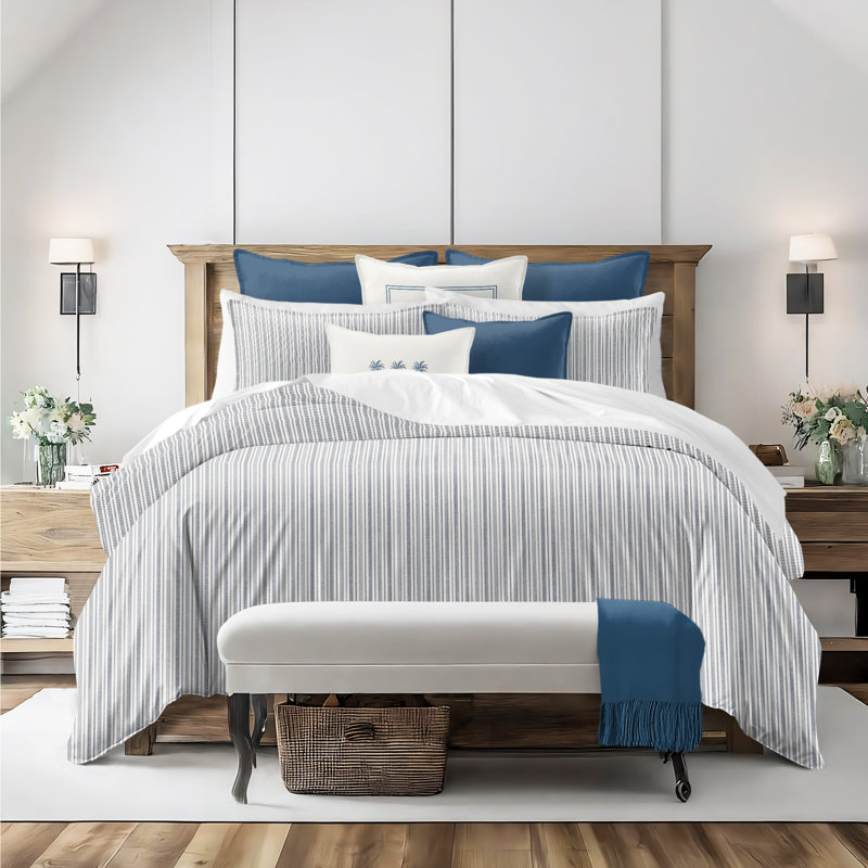 Pacific Stripe Reversible Cotton Duvet Cover Set, Denim, Queen Duvet Cover + 2 Queen Shams