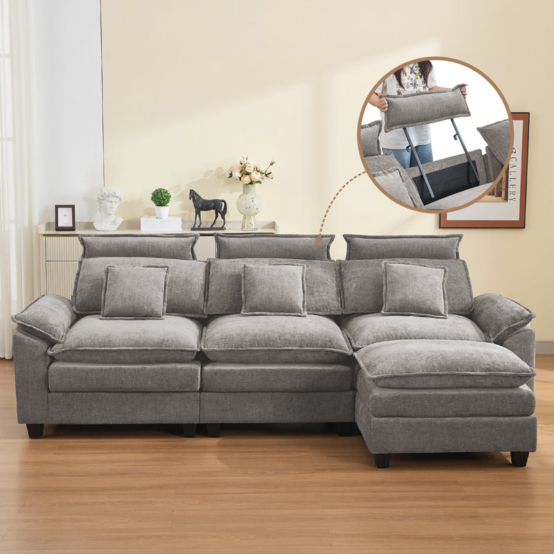 Canapé modulaire en L surdimensionné en L de 103 po avec repose-pieds et repose-tête, Gris chenille, 3