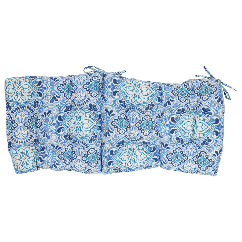 Outdoor Tufted Seat/Back Chair Cushion, White/Blue/Fiorella Baltic Moroccan, 18" W x 18" D
