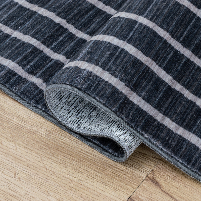 Tapis antidérapant à rayures délavé Orton, Gris anthracite / Crème, Rectangle 9' x 12'