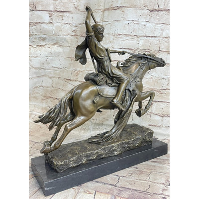 Arabian Arab Warrior On Horseback Bronze Statue Sculpture Figure On Marble Base