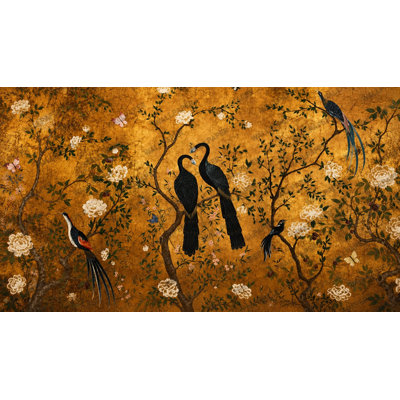 Murale dorée paon chinoiserie | Papier peint oiseau noir et arbre en fleurs | Non tissé ou pelez et collez