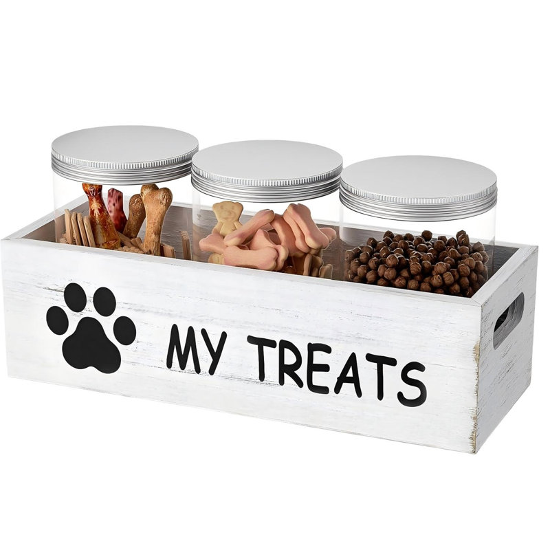 Contenant à gâteries pour comptoir pour chien - rangement pour nourriture pour chien avec 3 pots. Blanc
