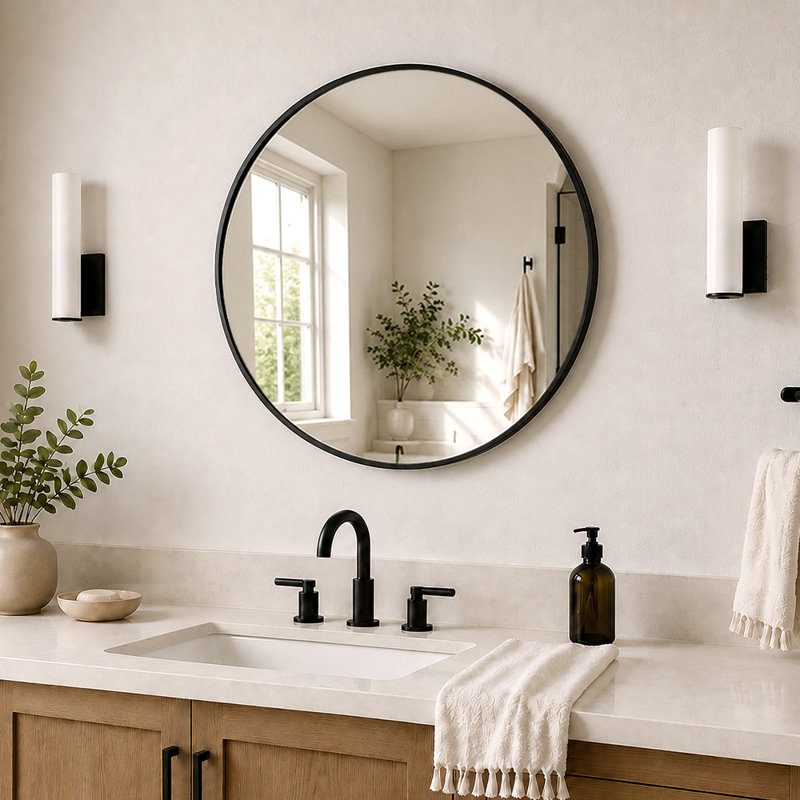 Tanx 32 in. W x 32 in. H Round Framed Wall Bathroom Vanity Mirror in Matte Black, 32" x 32"