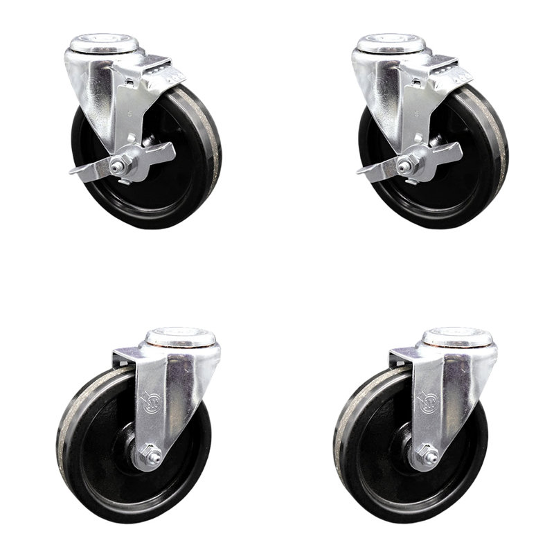 5 Inch Phenolic Wheel Swivel Bolt Hole Caster Set with 2 Brake Service Caster