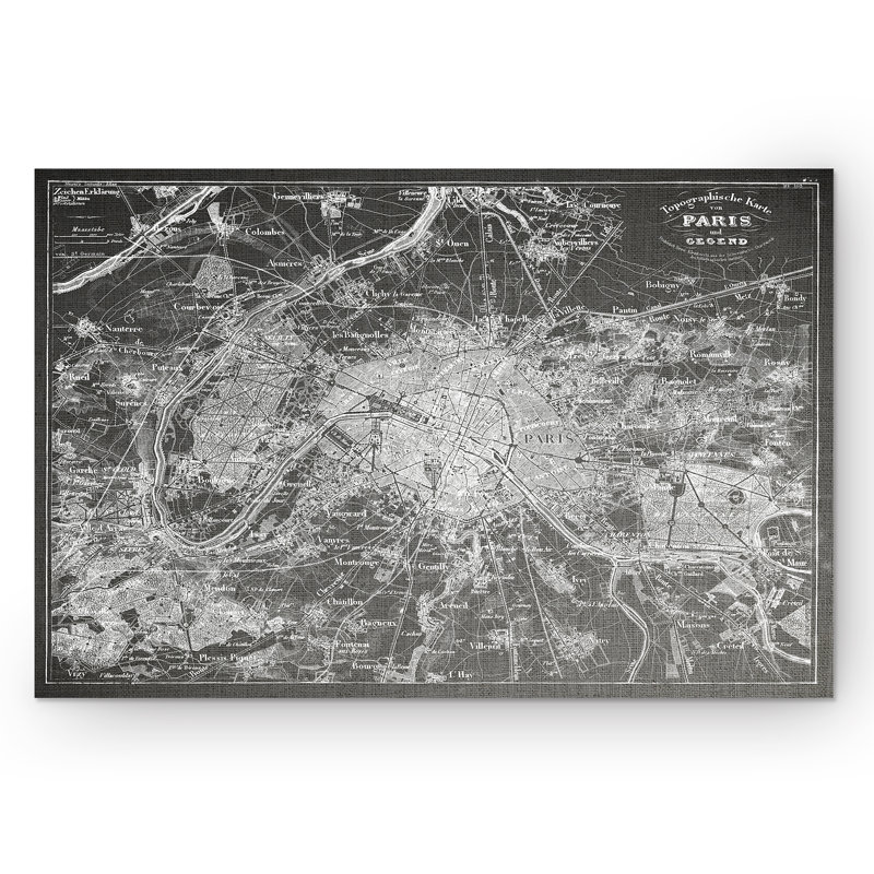 « paris sketch map », reproduction d’impression sur toile tendue en gris, H 30 po x l 40 po x P 1,5 po
