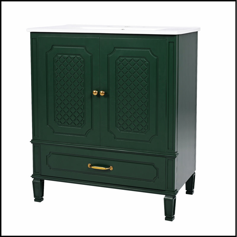 Meuble-lavabo de 30 po avec lavabo, style rétro, rangement multifonctionnel, porte à fermeture en douceur, finition vert foncé