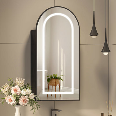 400Mm W 800Mm H Arched Medicine Cabinet Aluminum Frame Adjustable LED With Demister With Built-In Socket