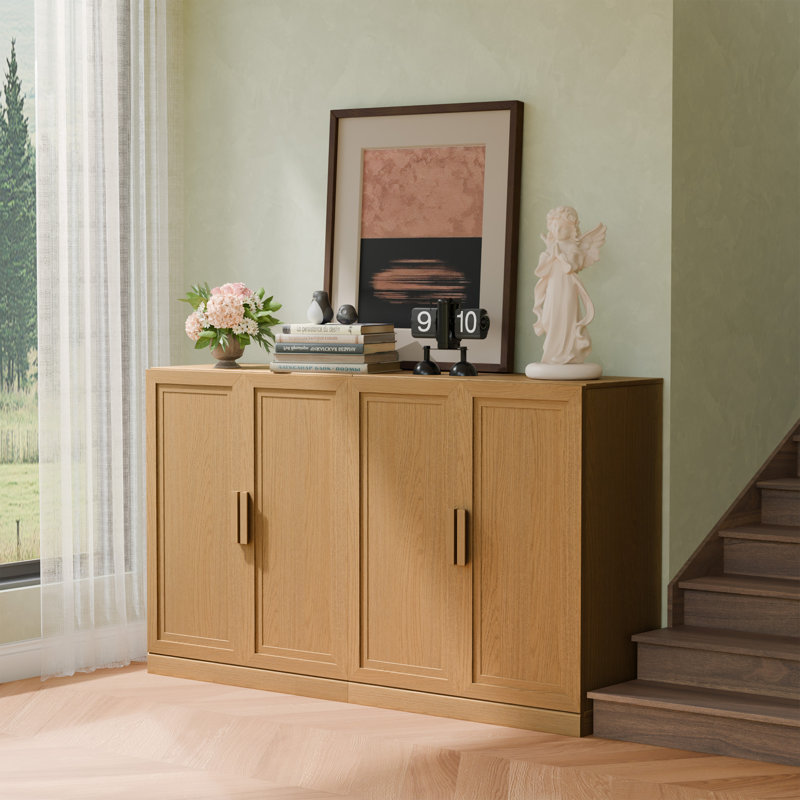 Buffet 36 po en bois de style campagnard avec tablettes réglables, H 36 po x l 62 po x P 16 po, Bois naturel