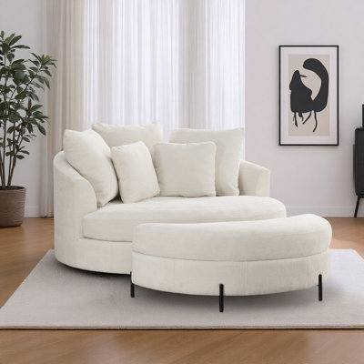 59.5" W Oversized Slipcovered Upholstered Accent Barrel Chair With Ottoman