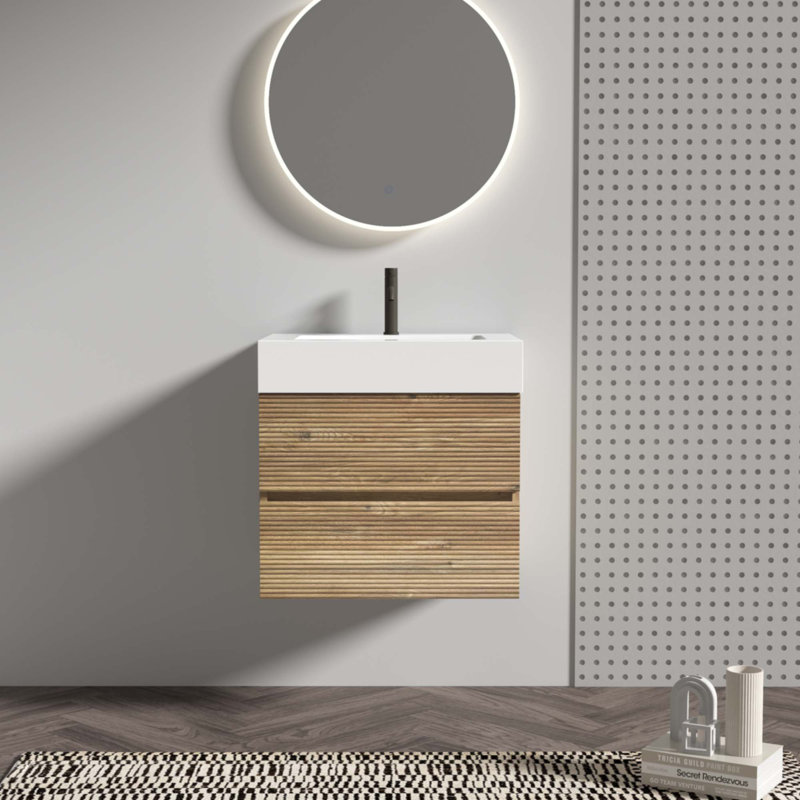 24   Rough Oak+Rough Oak Bathroom Vanity With White Glossy Engineered Quartz Sink And Soft Drawers, Wall Mounted Floating Bathroom Vanity For Modern Bathroom, Without Drainage And Faucet