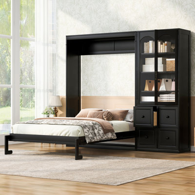 Grand lit escamotable avec armoire réversible de gauche à droite, portes en acrylique, 4 tiroirs et armoires à tablettes de rangement multiples, noir
