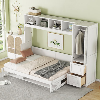 Lit escamotable double pleine grandeur avec placard et tiroirs, lit avec rangement peu encombrant, blanc