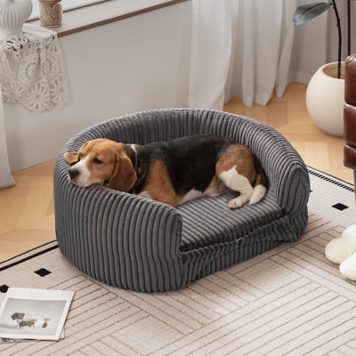 Lit orthopédique pour chien en velours côtelé 32,6 "avec dossier haut pour chiens jusqu'à 70 lb, méridienne surélevée de style meuble avec mousse de soutien, canapé-lit rond pour animal de compagnie dans la chambre du salon