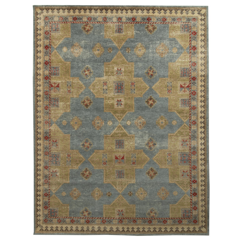 Distressed Homage Hand Knotted Wool Geometric Area Rug in Green, Blue, Beige, Red, Rectangle 9' x 12'