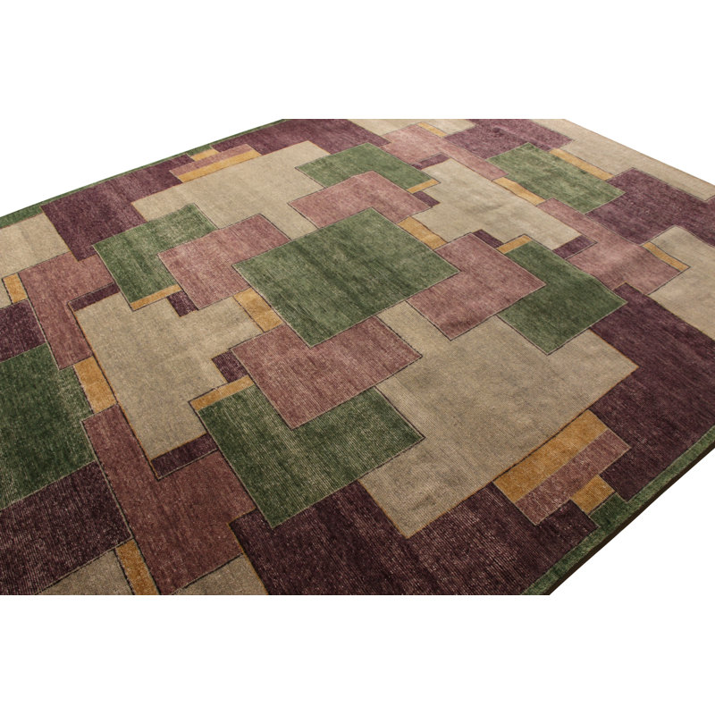 Hand-Knotted Classic Geometric Rug Purple Green Pattern By Rug & Kilim, Rectangle 10' x 14'