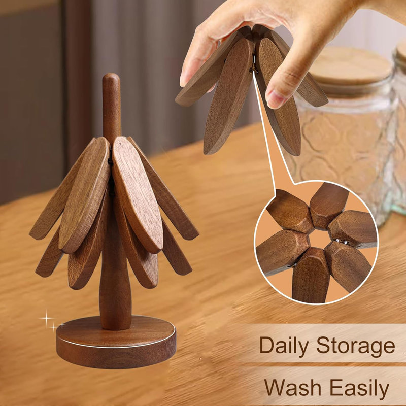 Wooden Trivets for Hot Dishes Walnut Tree Table Mat Set Set of 4 Natural Foldable Wooden Tree Trivet