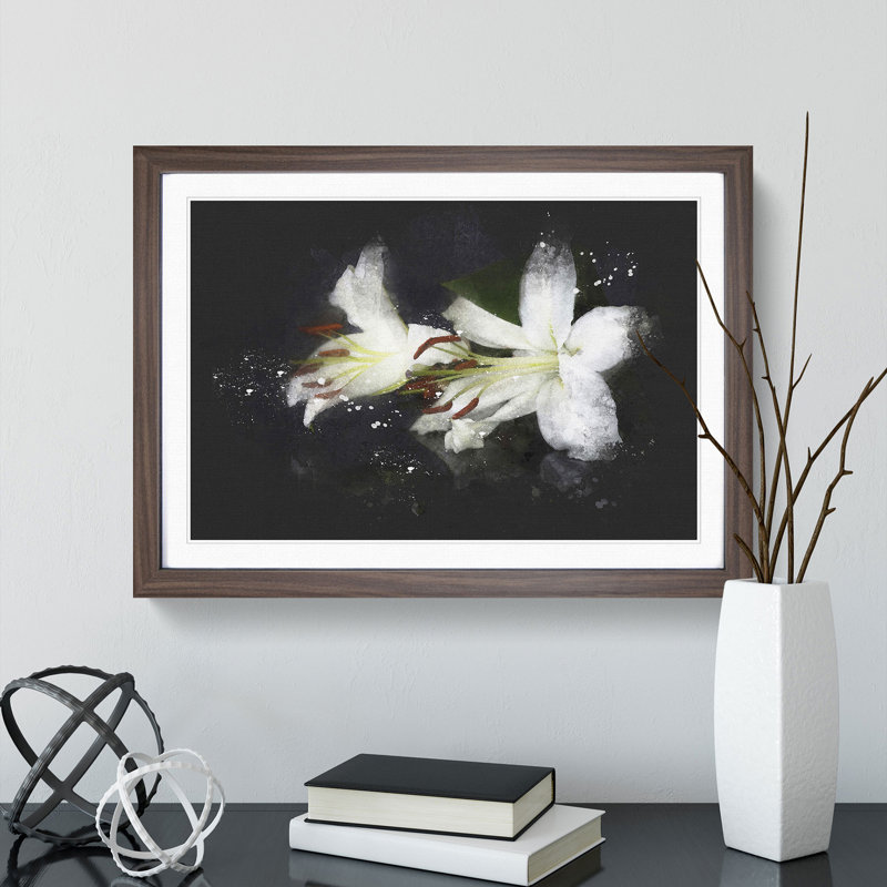 White Lily Flowers - Picture Frame Graphic Art, Walnut Framed, 48cm H x 65cm W x 2cm D