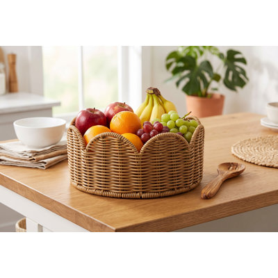 Panier à fruits tissé de style rotin avec bord festonné, bol à pain en plastique durable de 10 pouces (25 cm) pour comptoir de cuisine et centre de table de salle à manger