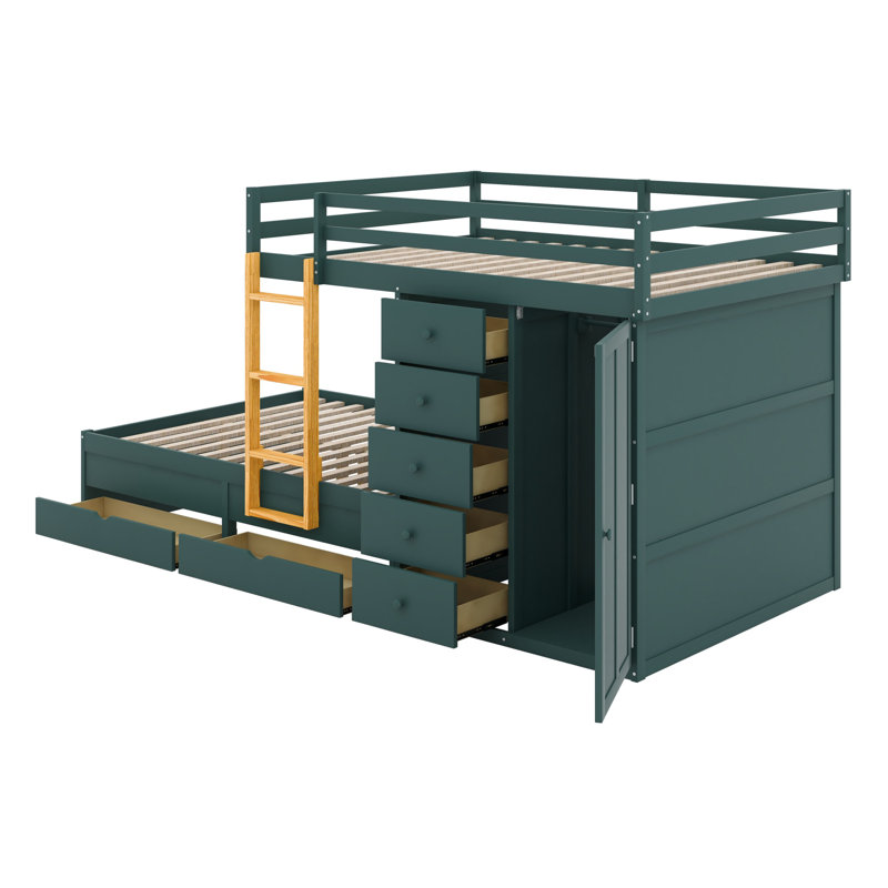 Modern Storage Bunk Bed With Multiple Drawers, And Small Wardrobe, Vert Morandi