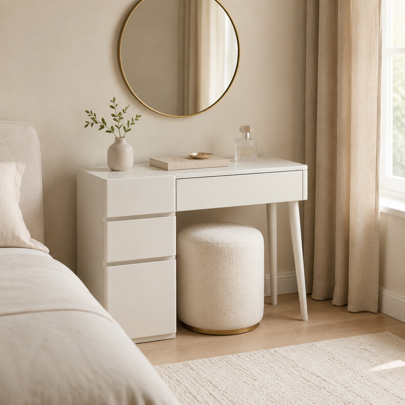 White Makeup Vanity Set with Stool, 100% Solid Liriodendron Chinense Dressing Table with Storage Drawers, No Mirror