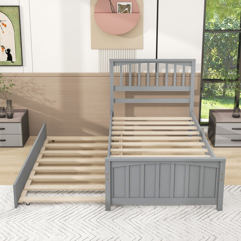 Lit plateforme simple en bois avec lit gigogne simple, Gris