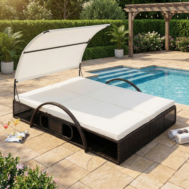 Chaise longue d'extérieur à structure en acier avec dossier réglable, méridienne double pour terrasse et table d'appoint