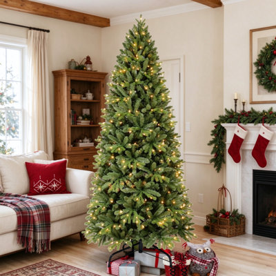 Sapin de Noël de 2,3 m (7,5 pi) avec 1599 branches, 450 lumières DEL blanc chaud, branches mixtes en PVC et PE, structure articulée, montage facile, support en métal robuste, décoration de Noël luxuriante pour l'intérieur.