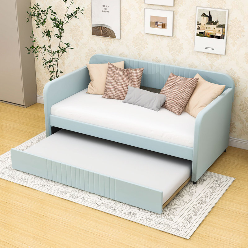Tyrome Twin Size Velvet Upholstered Daybed With Twin Size Trundle, Light Blue
