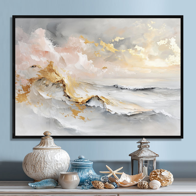 "Pure Golden Winter Beach Landscape III" - plage côtière, art mural, H 12 po x l 20 po, Cadre flottant, Noir
