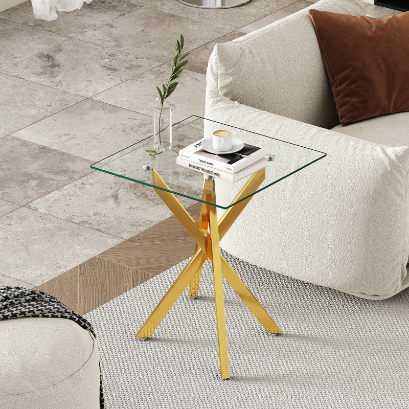 Table de bout carrée en verre transparent 17,72 po, Or, 1 pièce