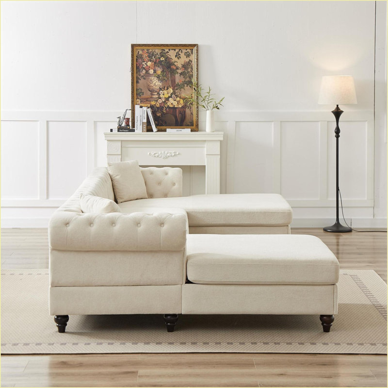 Canapé modulaire en chenille 3 pièces 135,5 pouces en U avec deux chaises modulaires | Salon / chambre à coucher / salon | Chenille | Beige