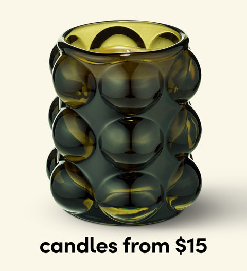 Olive green glass candle holder with a textured bubble design, candles from $15.