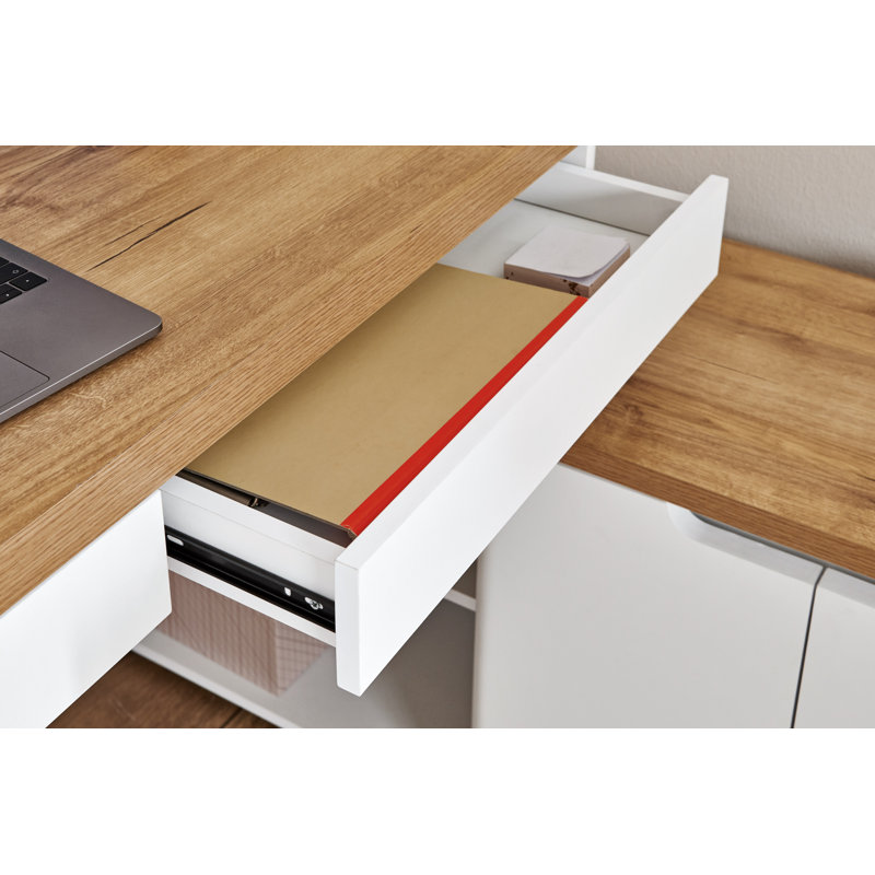Libre 55,12" L-Shaped Writing Desk with Storage Cabinet, Oak/White