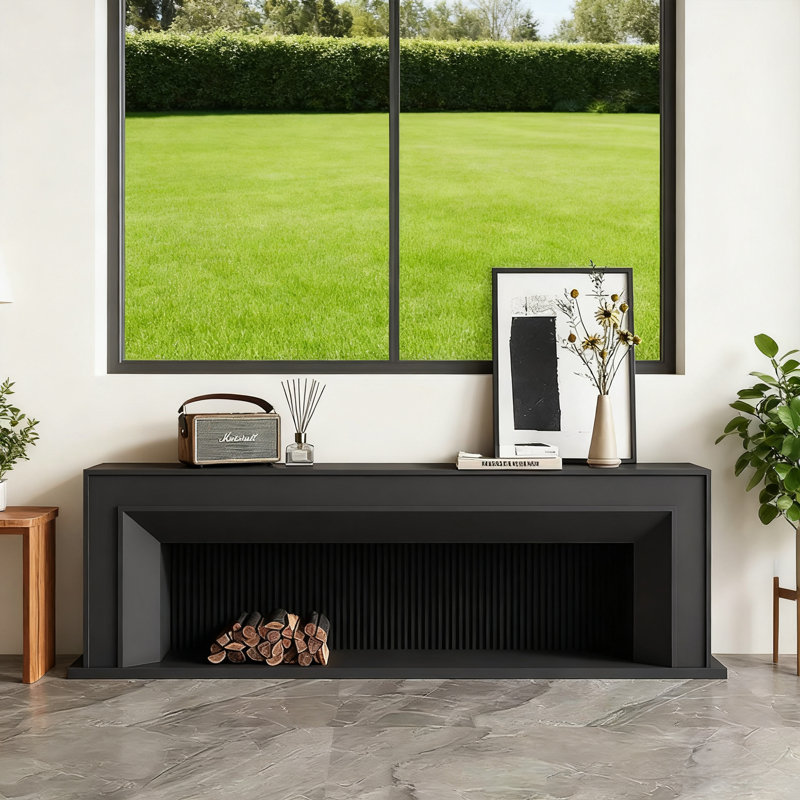 Meuble télé avec foyer en bois de hêtre massif blanc / noir clair, L 86,61 po, Noir