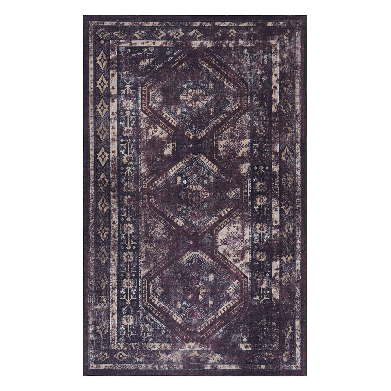 Low-Pile 9X12 Area Rug, Washable, Non-Slip, Pet- For Bedroom, Kitchen, - Black+Burgundy , Living Room
