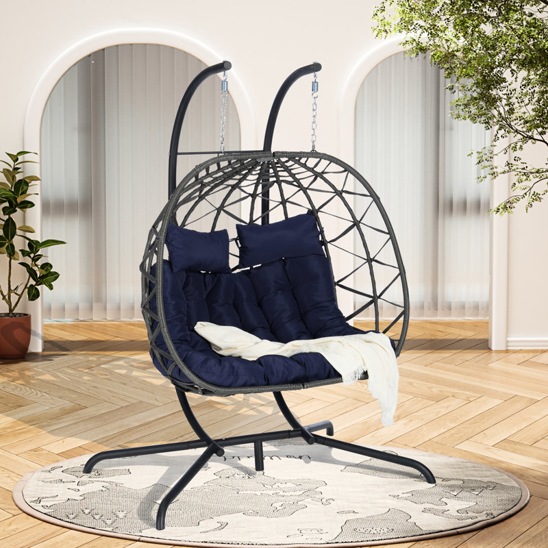 2 Person Egg Hanging Chair: Outdoor Patio Swing. - Cushions, Iron Stand. Fits Bedroom, Balcony, Patio. 600 Lbs Capacity Swing With Cushions. Strong Stand, Handmade . Dark Gray ,