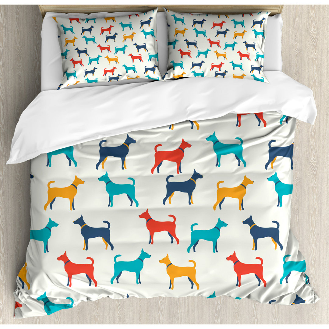 Bettbezug Set, Retro Dog, Bunt, Grau Teal Rot