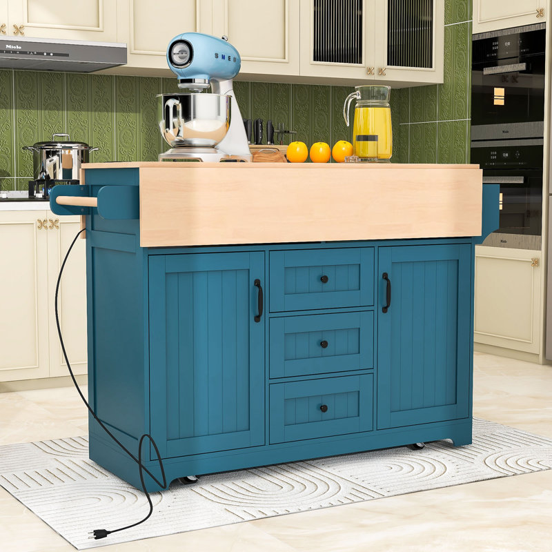 Rolling Expandable Kitchen Island with 2 Drop Leaf, Built-In Power Outlets and Storage Cabient, Green