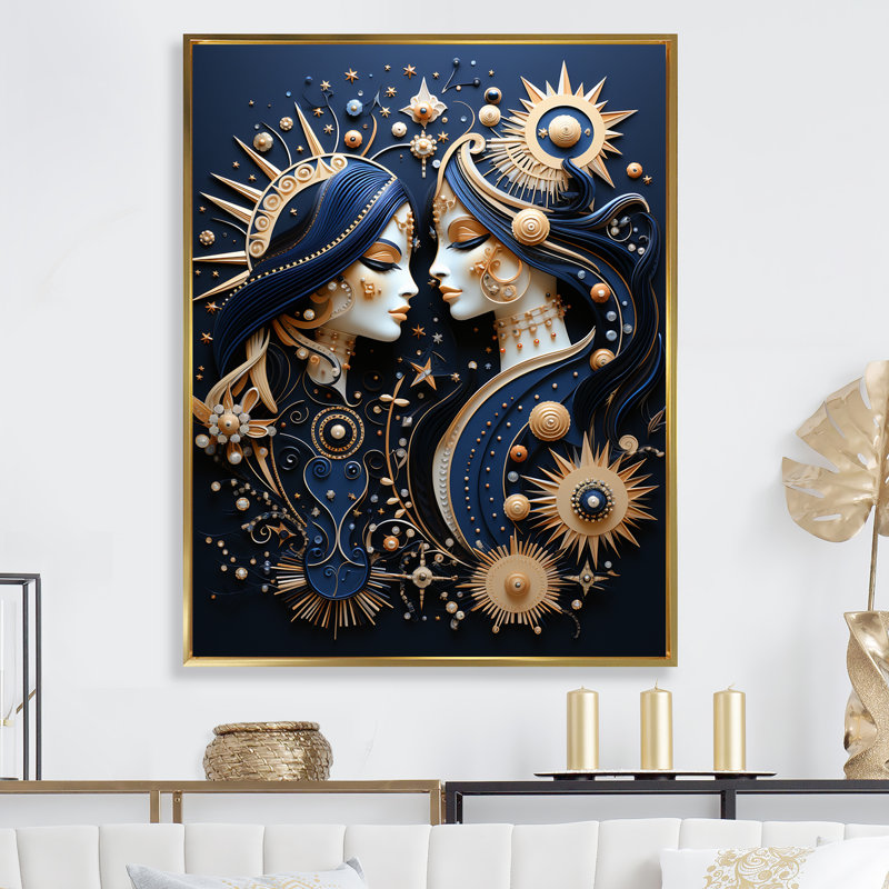 «Native Art Celestial Guardians Midnight» sur toile, H 40 po x l 30 po x P 1,5 po, Cadre flottant doré