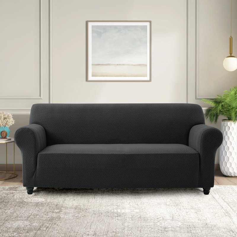 Spandex Stretch Sofa Cover - Jacquard Pattern Sofa Slipcover & Furniture Protector, 179cm W x 280cm D (3 Seater), Black