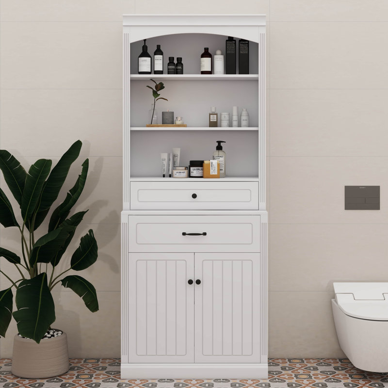 Armoire de rangement haute avec deux portes, trois tablettes ouvertes, une tablette réglable et deux tiroirs